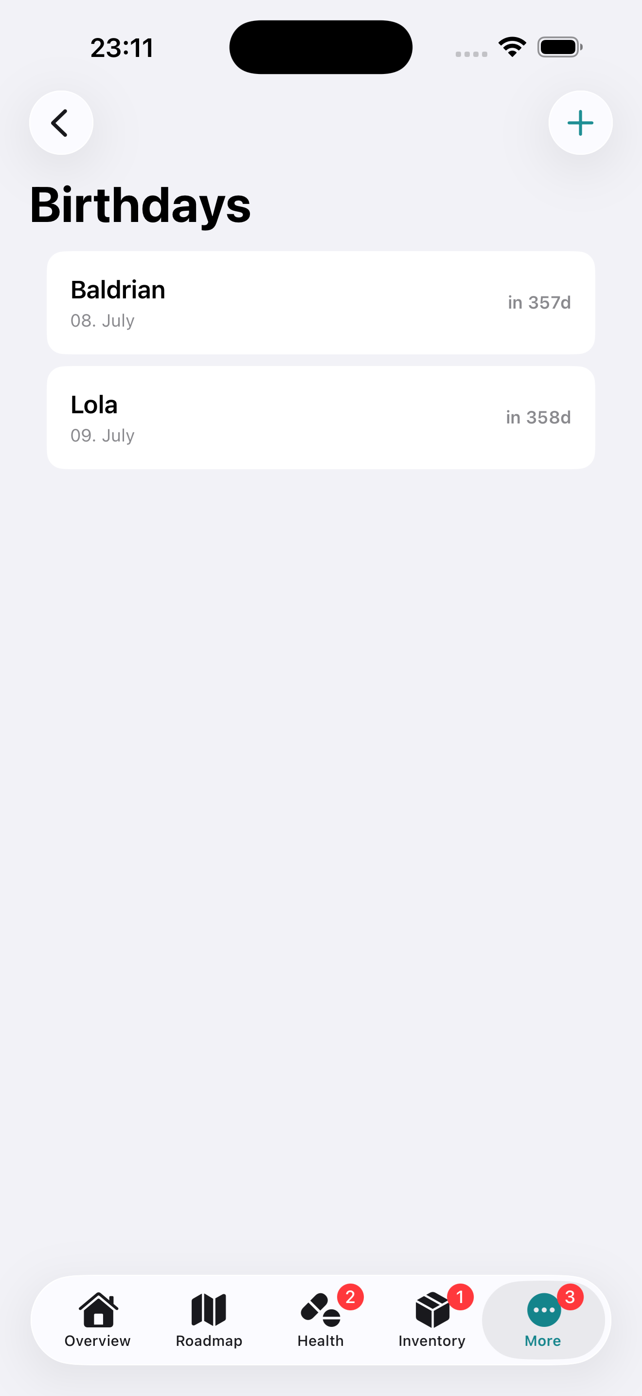 Screenshot: Birthdays & reminders