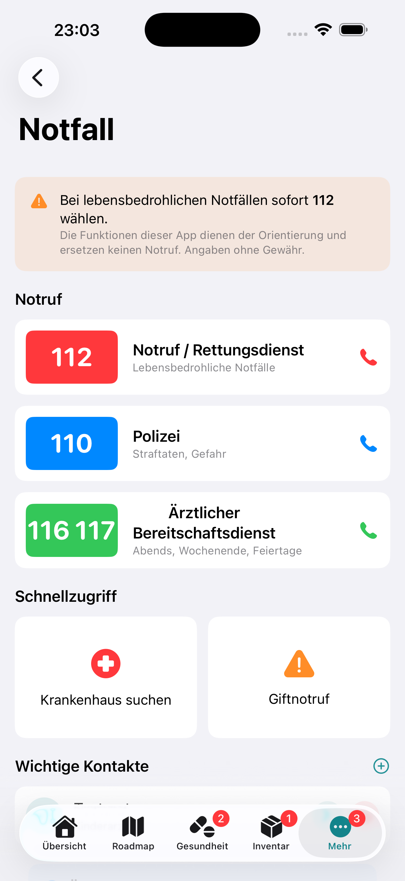 Screenshot: Notfall-Funktionen