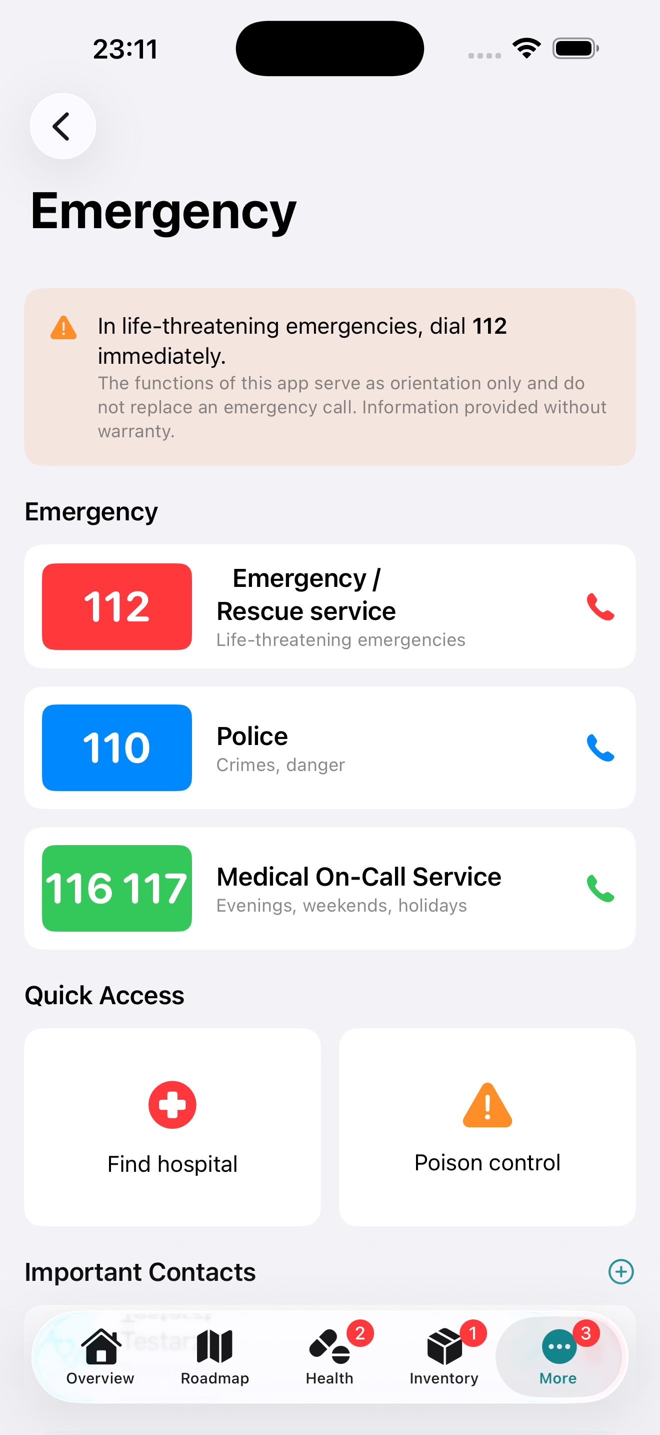Screenshot: Emergency features