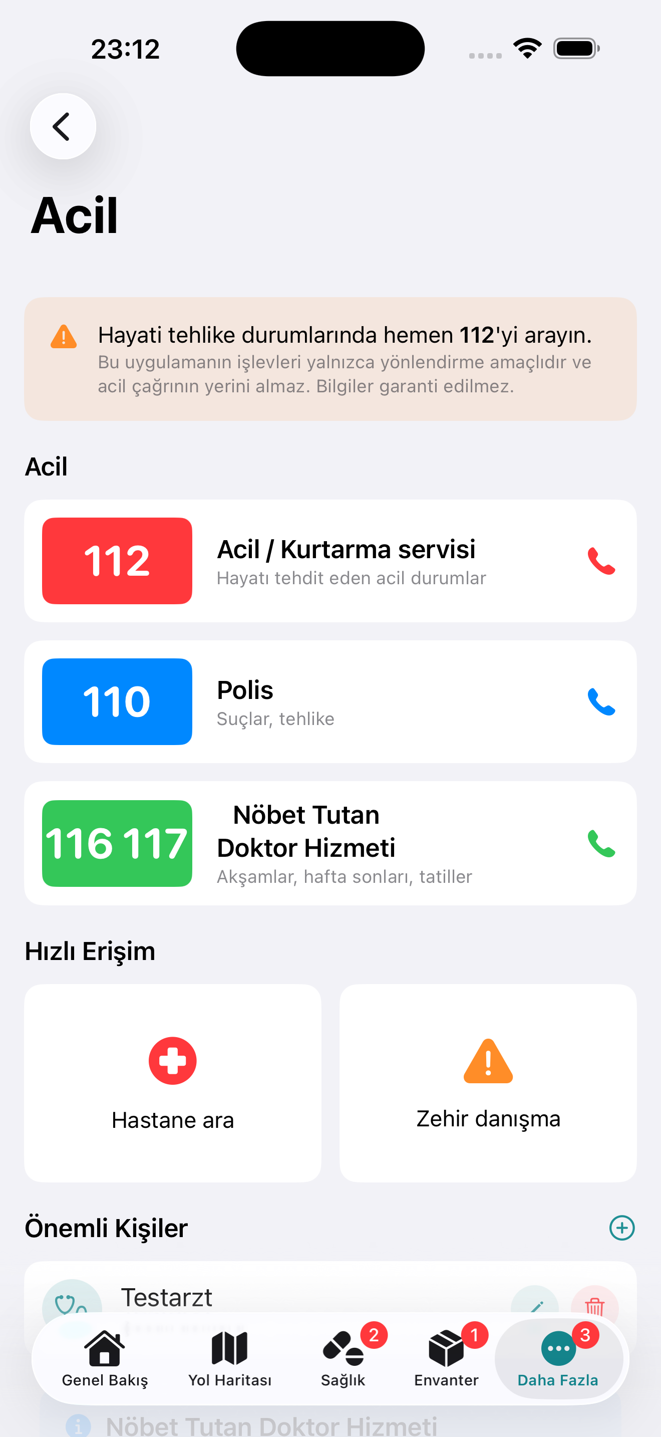 Ekran görüntüsü: Acil durum özellikleri