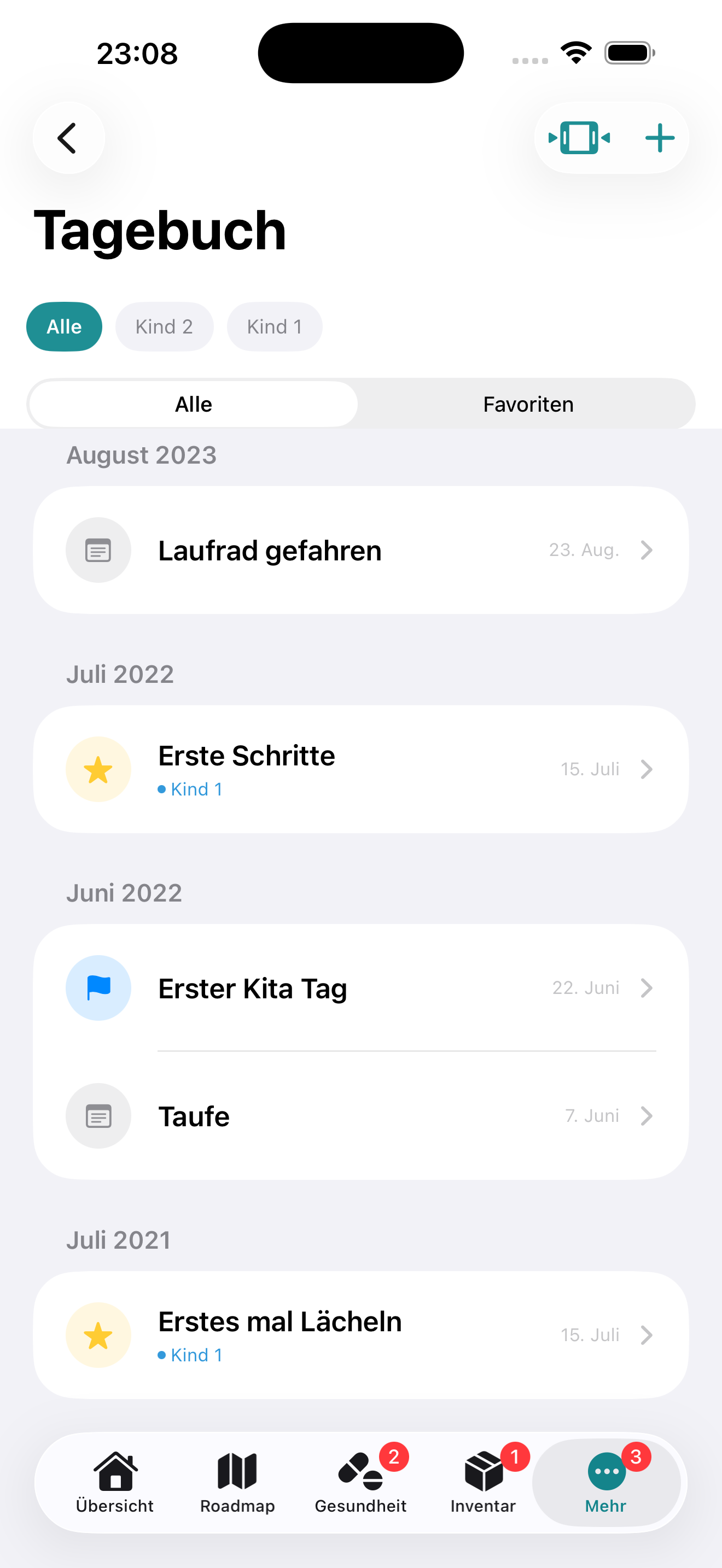 Screenshot: Tagebuch & Aktivitäten