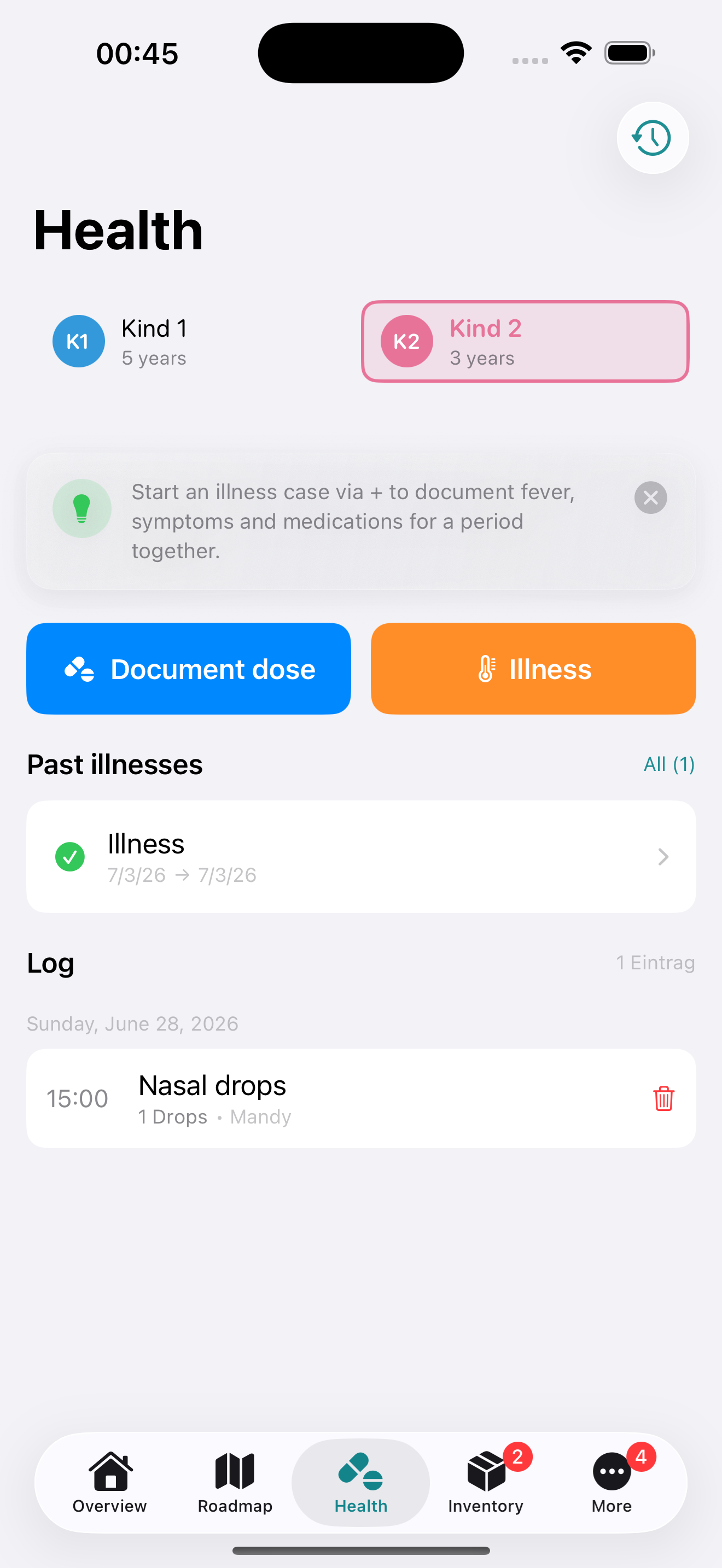 Screenshot: Medication tracking